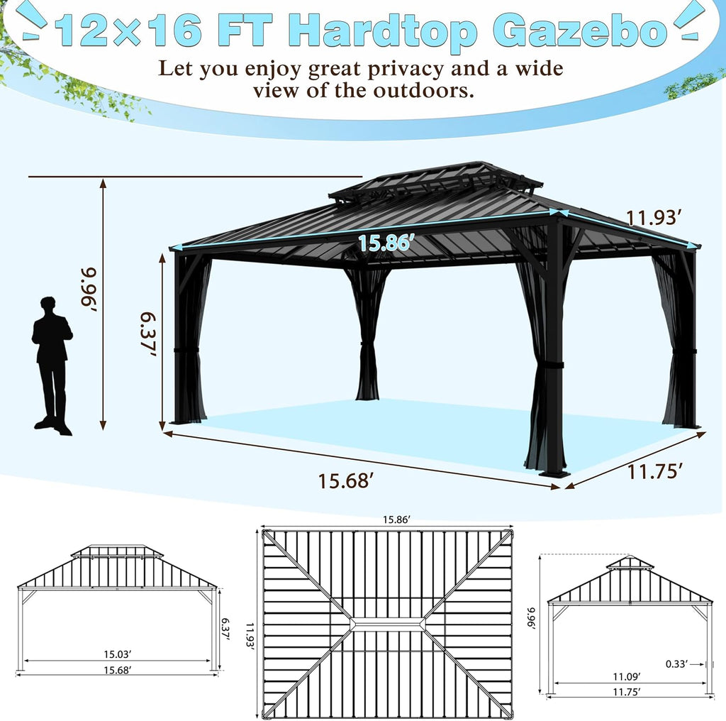 Yardenaler 12x16 FT Hardtop Gazebo Canopy with Double Galvanized Steel Roof, Permanent Outdoor Pavilion with Mesh Netting for Patio, Garden, Backyard, Deck, Black