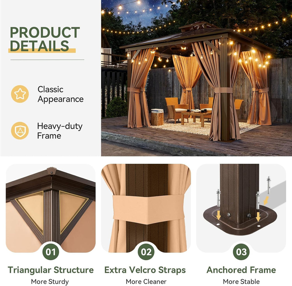 Aoxun 10'x10' Hardtop Gazebo, Outdoor Polycarbonate Double Top Canopy, Aluminum Frame Gazebo with Netting and Curtains, Sunshade for Patios, Gardens, Lawns