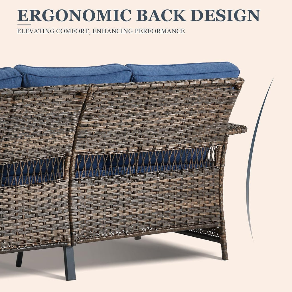 Patio Conversation Set: Wicker Sofa with 2 Rattan Ottomans, Blue Cushions, 3pcs for Patio, Garden, Balcony, Sunroom, Backyard, Deck, Poolside