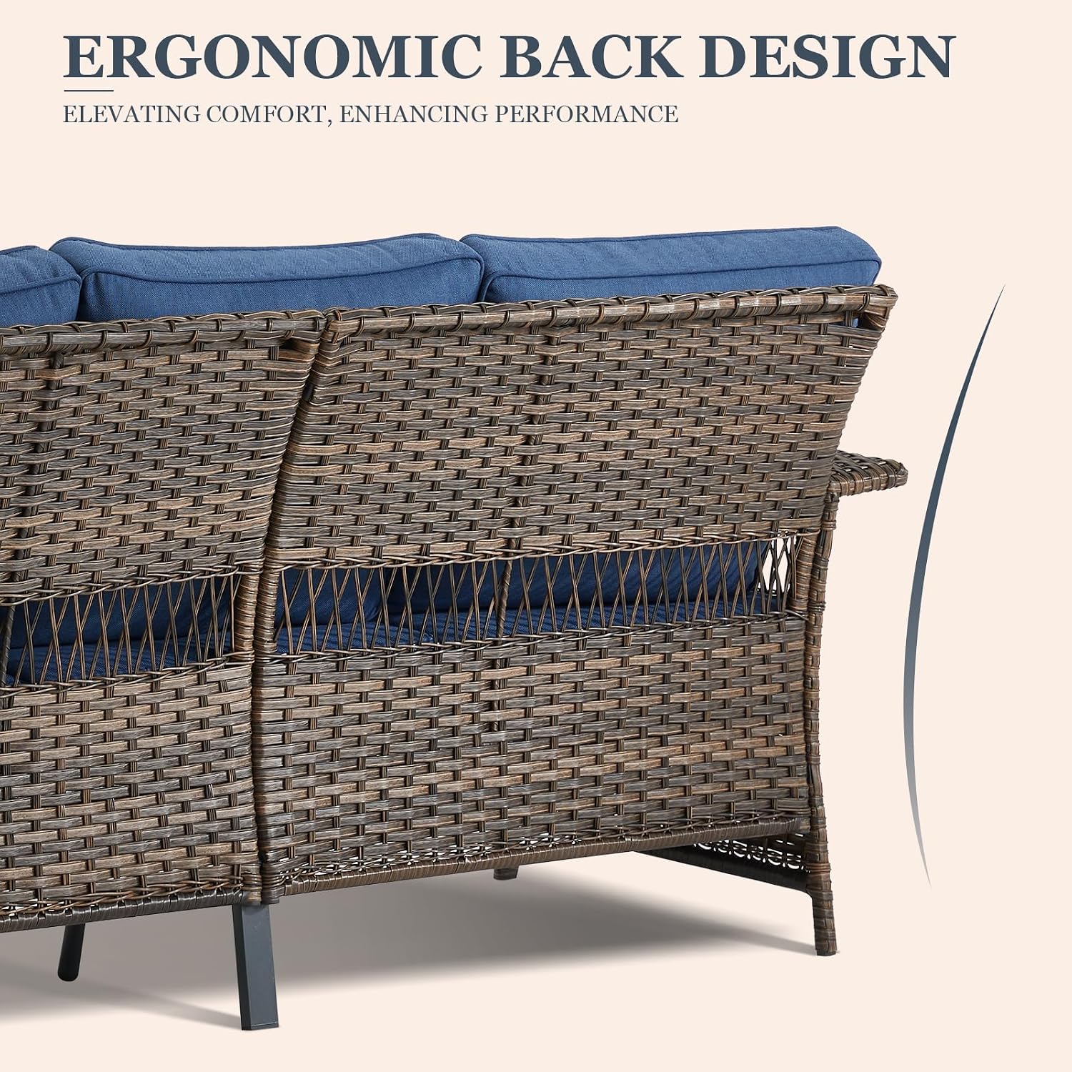 Patio Conversation Set: Wicker Sofa with 2 Rattan Ottomans, Blue Cushions, 3pcs for Patio, Garden, Balcony, Sunroom, Backyard, Deck, Poolside