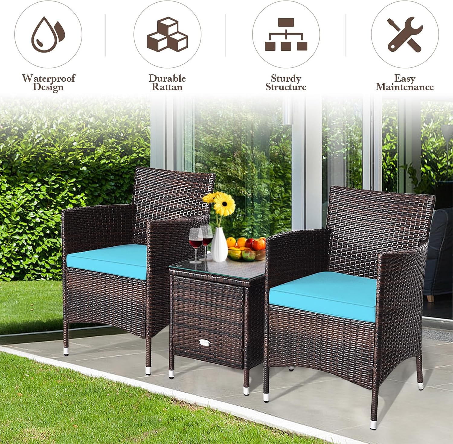 DORTALA Wicker Patio Furniture Set 3 Piece, Small Outdoor Table & Chairs Set with Cushions, All-Weather Rattan Conversation Bistro Set for Balcony, Porch, Backyard, Deck, Turquoise