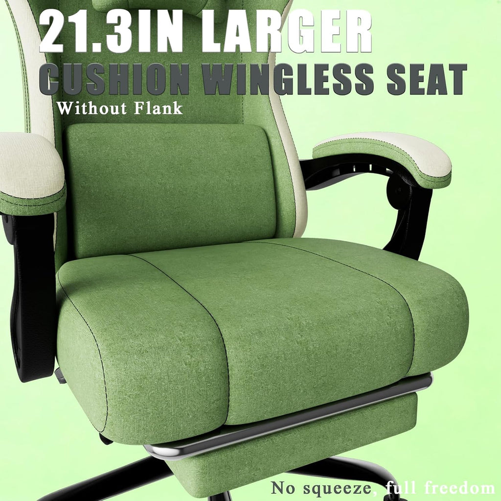 Gaming Chair, High Back Fabric Computer Chair with Pocketed Spring Cushion and Footrest, Height Adjustable Game Chair with Headrest and Lumbar Support (Beige & Green)