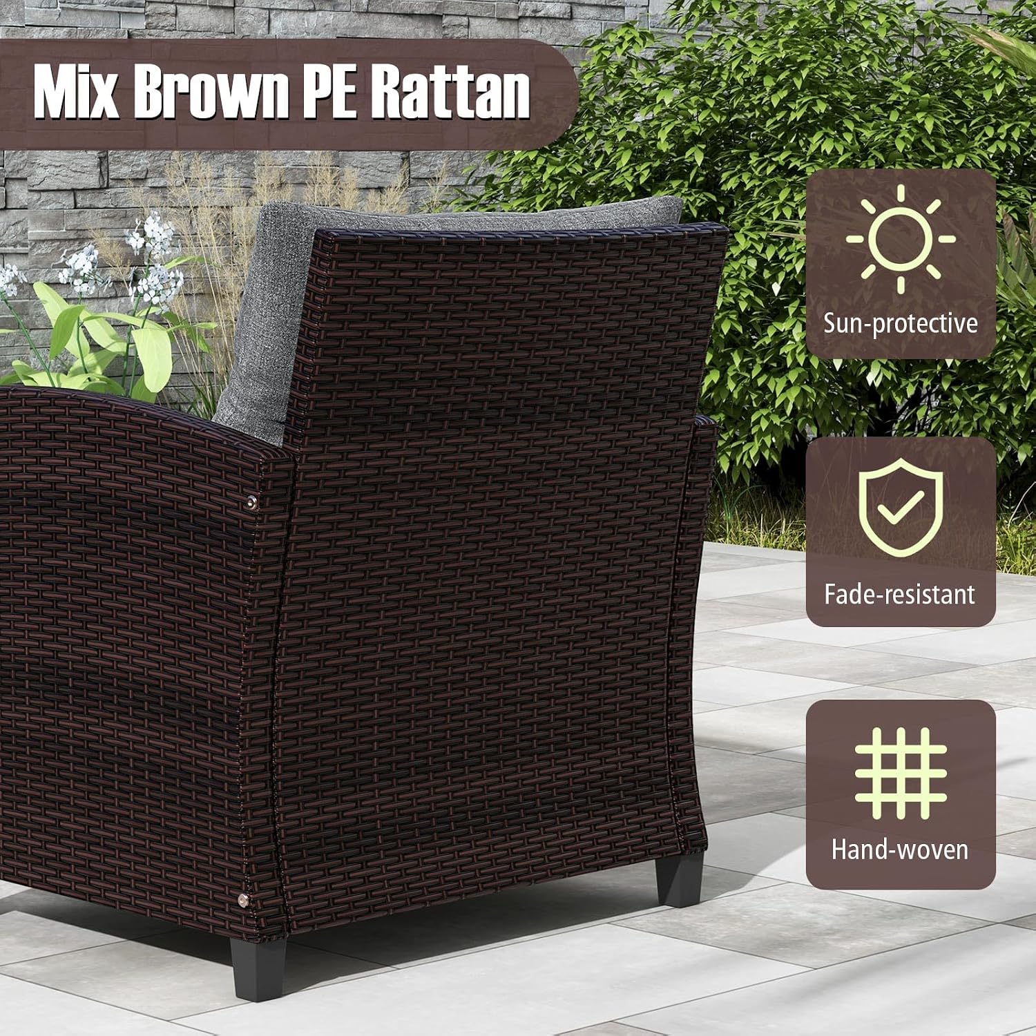 RELAX4LIFE 3-Piece Patio Furniture Set - Wicker Bistro Conversation Set w/2 Cushioned Armchairs & Glass Topped Table, Outdoor Rattan Sofa for Porch Balcony Poolside (Grey)