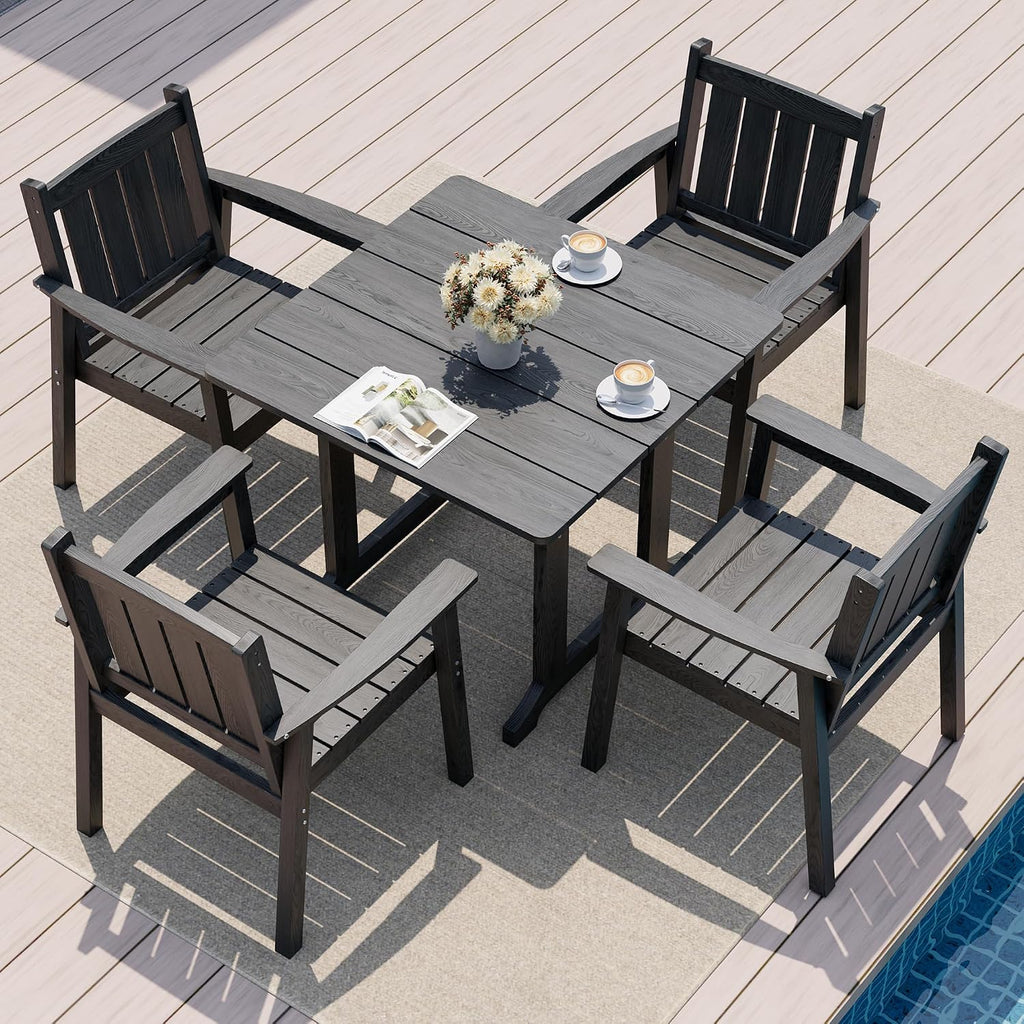 Pamapic 5 PCS Outdoor Dining Set, Spacious HDPE Outdoor Table and Chairs, Wood Grain Patio Furniture Sets with Elegant Armrest, All-Weather Patio Dining Table with Umbrella Hole, Gray