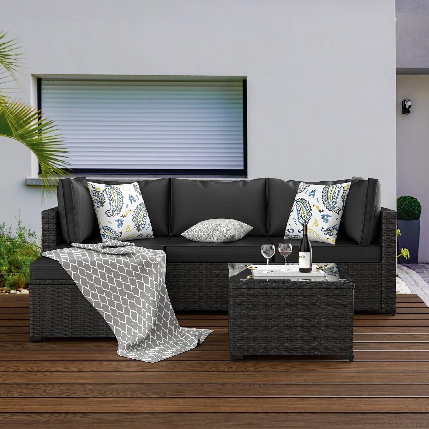 GOJOOASIS Patio Furniture Set Outdoor Sectional Sofa with Ottoman Wicker Couch Rattan Modular Seating Conversation Sets Porch Decor for Backyard, Balcony, Garden (Black)