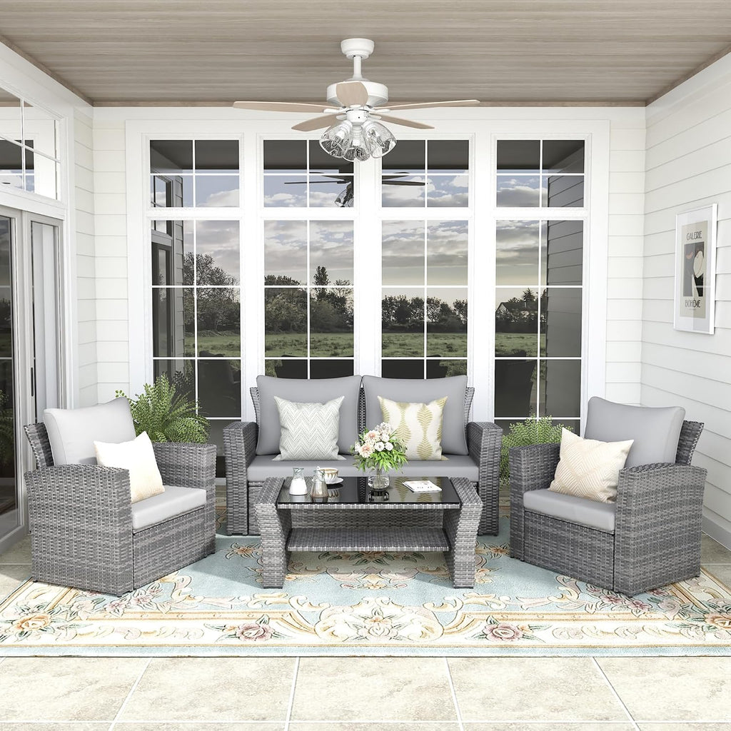 FansaFurn 4-Piece Outdoor Patio Furniture Set, All Weather Wicker Rattan Sectional Sofa Conversation Seating Set with Cushions & Large Glass Coffee Table, Ideal for Garden Backyard Porch, Grey