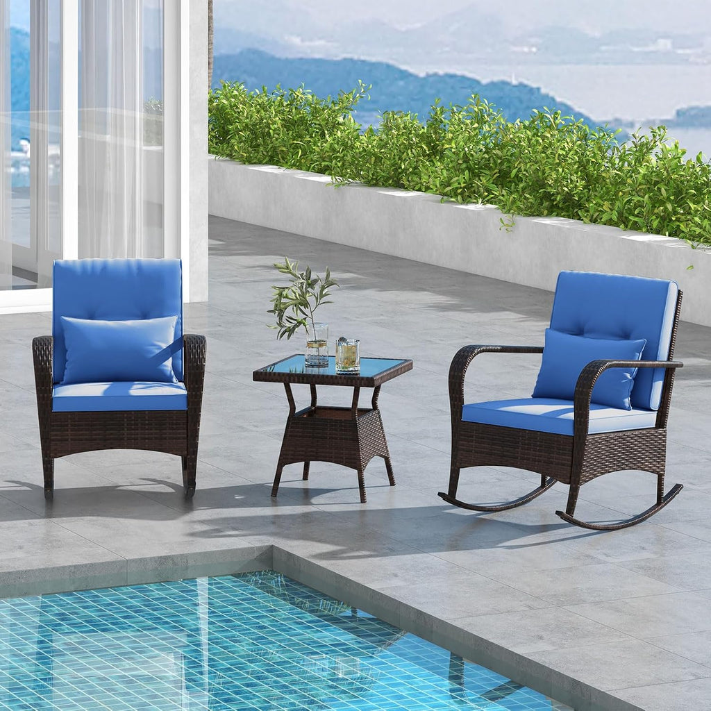 ORALNER 3 Pieces Patio Furniture Set, Outdoor Wicker Rocking Chairs with Cushions, Pillows, Glass Coffee Table, Rattan Bistro Rocker Set for Balcony Front Porch Poolside Garden Deck Yard (Navy)