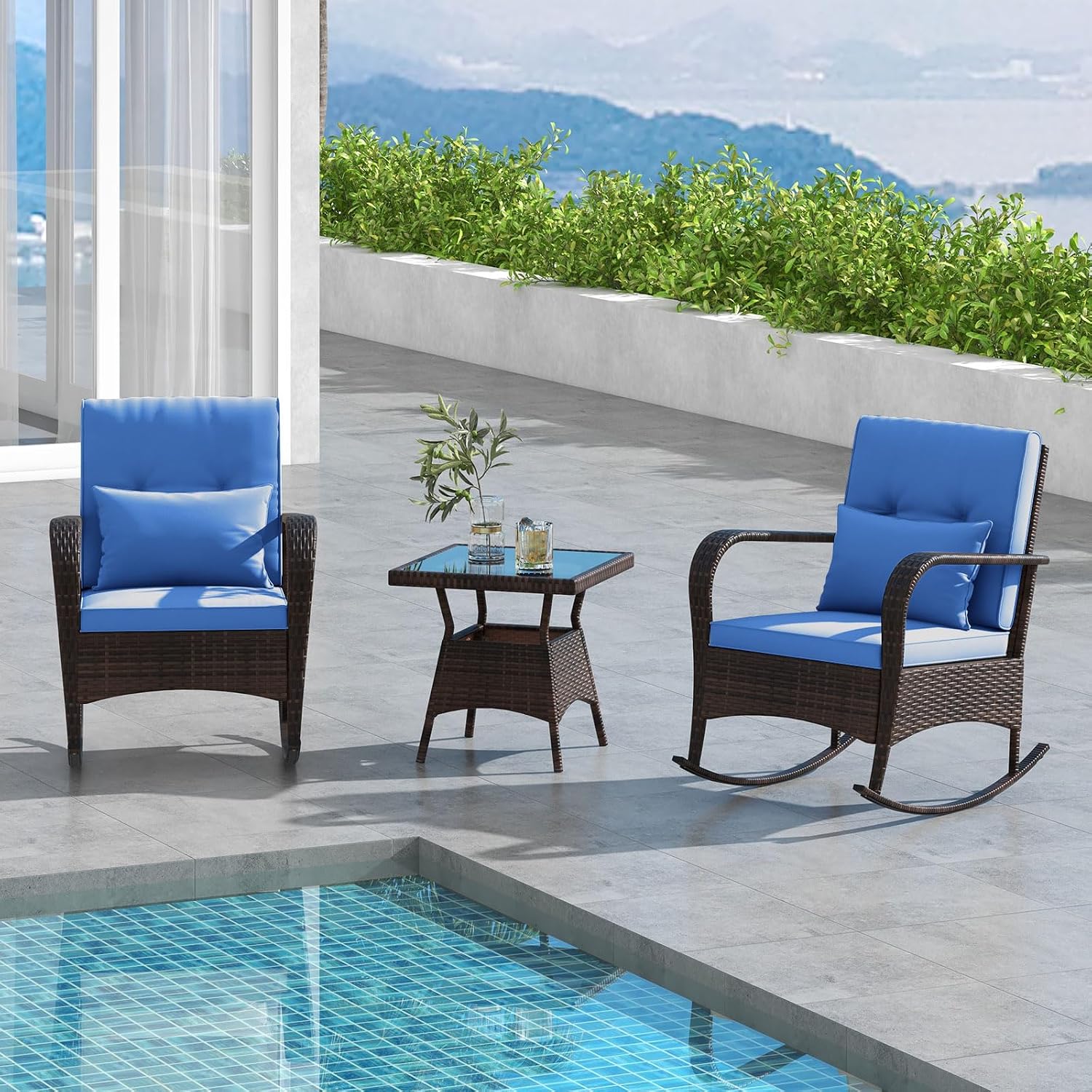 ORALNER 3 Pieces Patio Furniture Set, Outdoor Wicker Rocking Chairs with Cushions, Pillows, Glass Coffee Table, Rattan Bistro Rocker Set for Balcony Front Porch Poolside Garden Deck Yard (Navy)