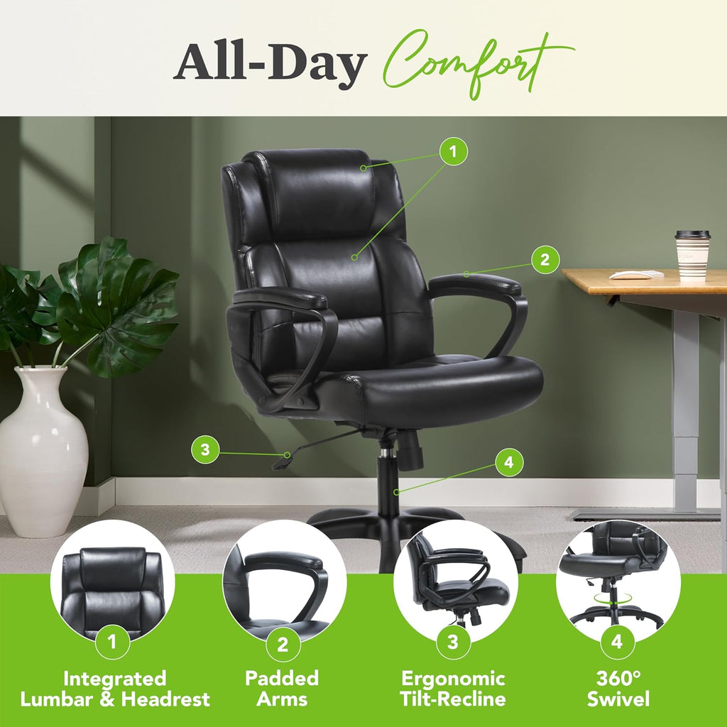 HON Sadie Executive Chair, Leather Ergonomic Office Chair with Adjustable Arms and Back Support, 360 Swivel, Black
