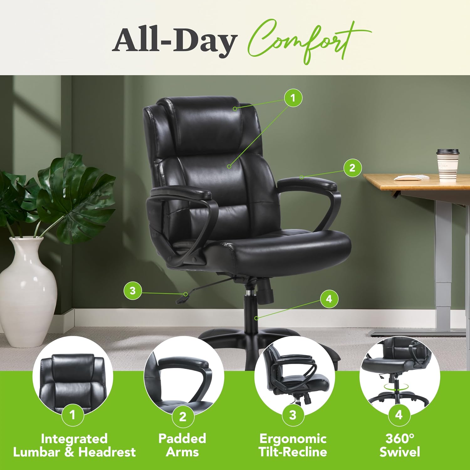 HON Sadie Executive Chair, Leather Ergonomic Office Chair with Adjustable Arms and Back Support, 360 Swivel, Black