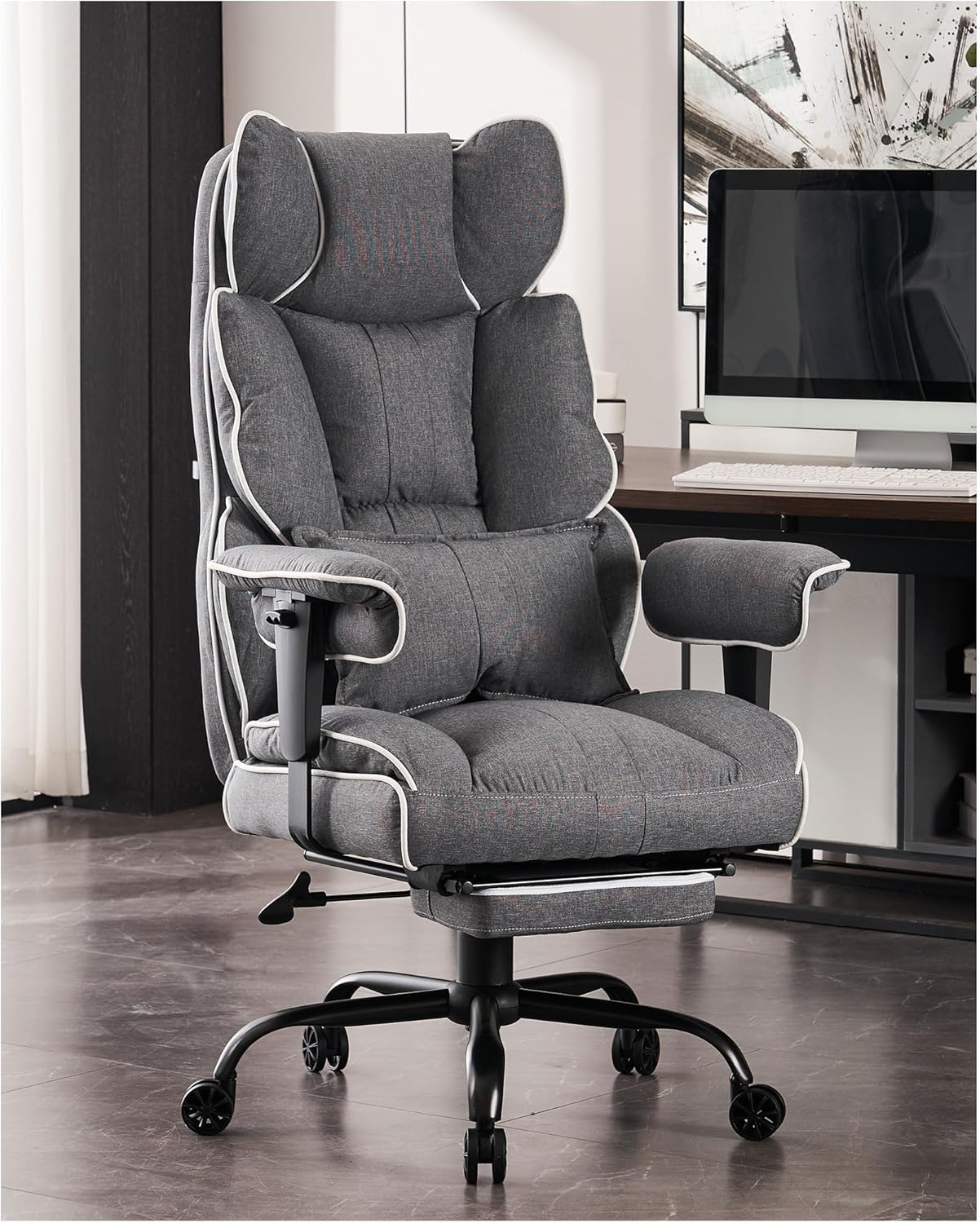 Efomao Fabric Office Chair, Big and Tall Office Chair 400 lb Weight Capacity, High Back Executive Office Chair with Foot Rest, Ergonomic Office Chair for Back Pain Relief, Gray