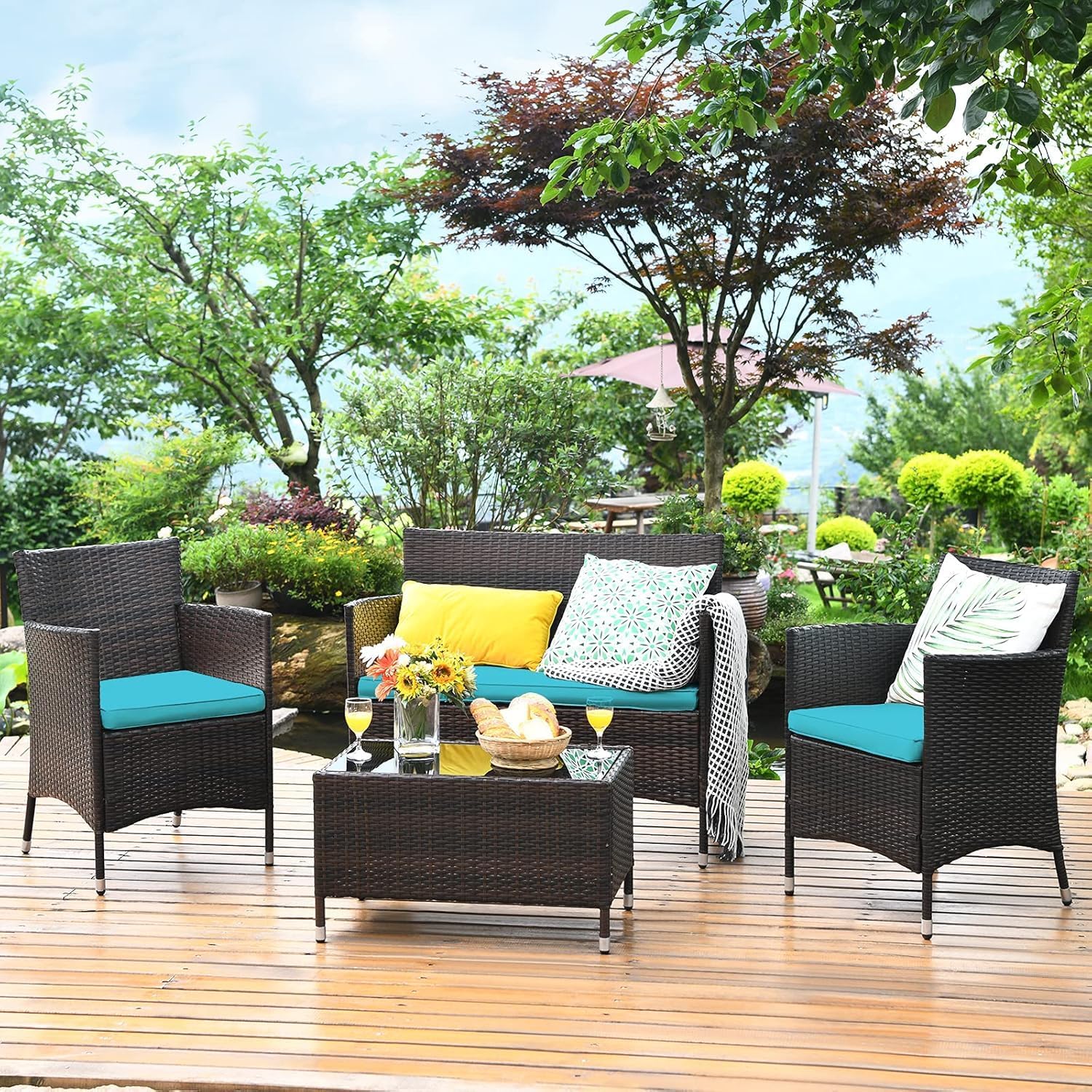 COSTWAY Outdoor Rattan Patio Furniture Set 4 Pieces, Wicker Rattan Cushioned Conversation Conversation Chairs with Coffee Table for Backyard Balcony Porch Poolside, Turquoise
