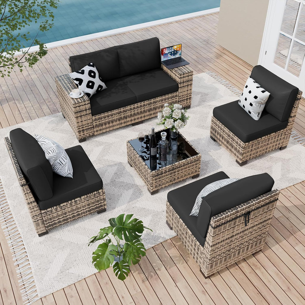 Amopatio 6 Piece Patio Furniture Set with 8' Armrest & 4' Thiken Cushion, Outdoor Wicker Rattan Sectional Sofa Conversation Set for Backyard, Garden, Poolside(Black Cushion)