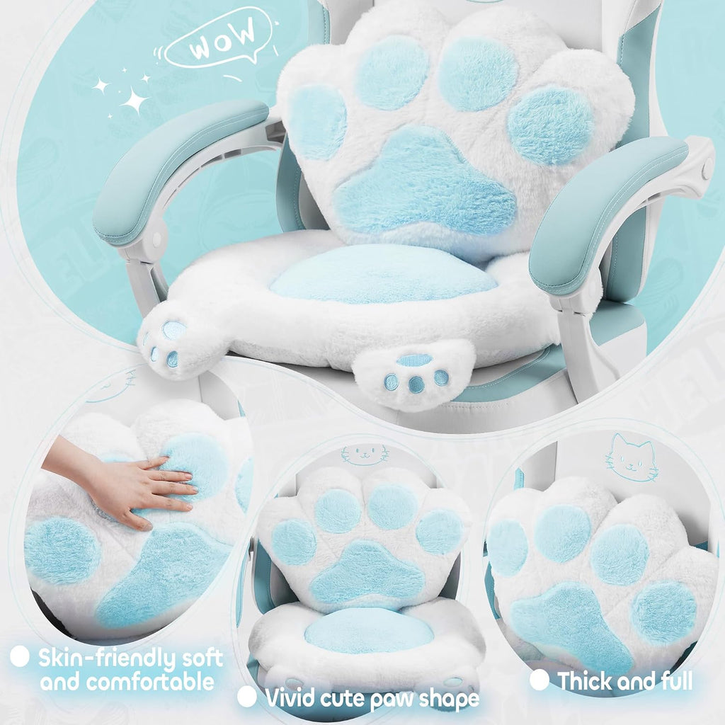 Gaming Chair Cute with Cat Ears Paw Lumbar and Cushion,Ergonomic Computer Chair with Footrest,Reclining PC Game Chair for Girl Computer Chair 300lbs for Adult Aqua Blue