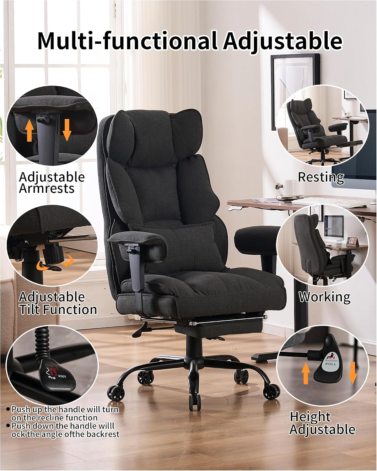 Efomao Fabric Office Chair, Big and Tall Office Chair 400 lb Weight Capacity, High Back Executive Office Chair with Foot Rest, Ergonomic Office Chair for Back Pain Relief, Dark Grey