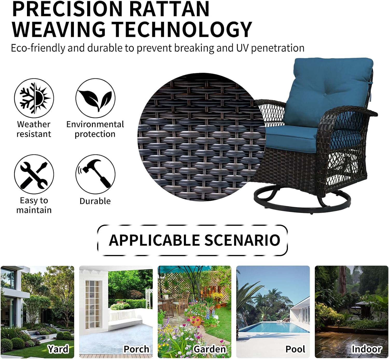 SHGJ&SOFT 3 Piece Patio Furniture Set, 2 Outdoor Swivel Rocking Chairs with Side Table, Wicker Glider Chairs, All-Weather Rattan Bistro Set for Porch, Deck, Pool (Blue, Brown Open-Weave Rattan)