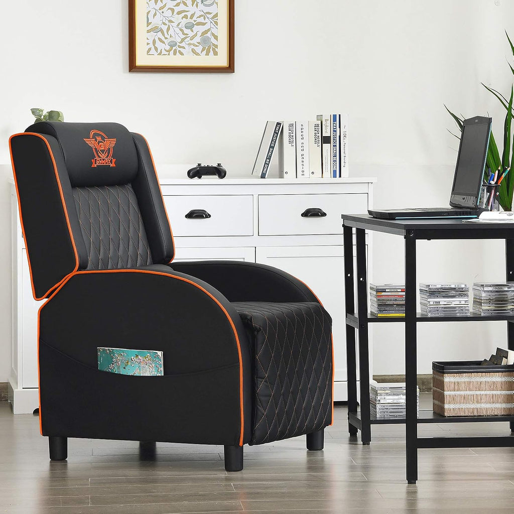 GYMAX Massage Gaming Recliner Chair, Ergonomic Racing Style Single Sofa with Adjustable Headrest, Backrest & Footrest, Home Theater Sofa for Living Room Office (Orange)