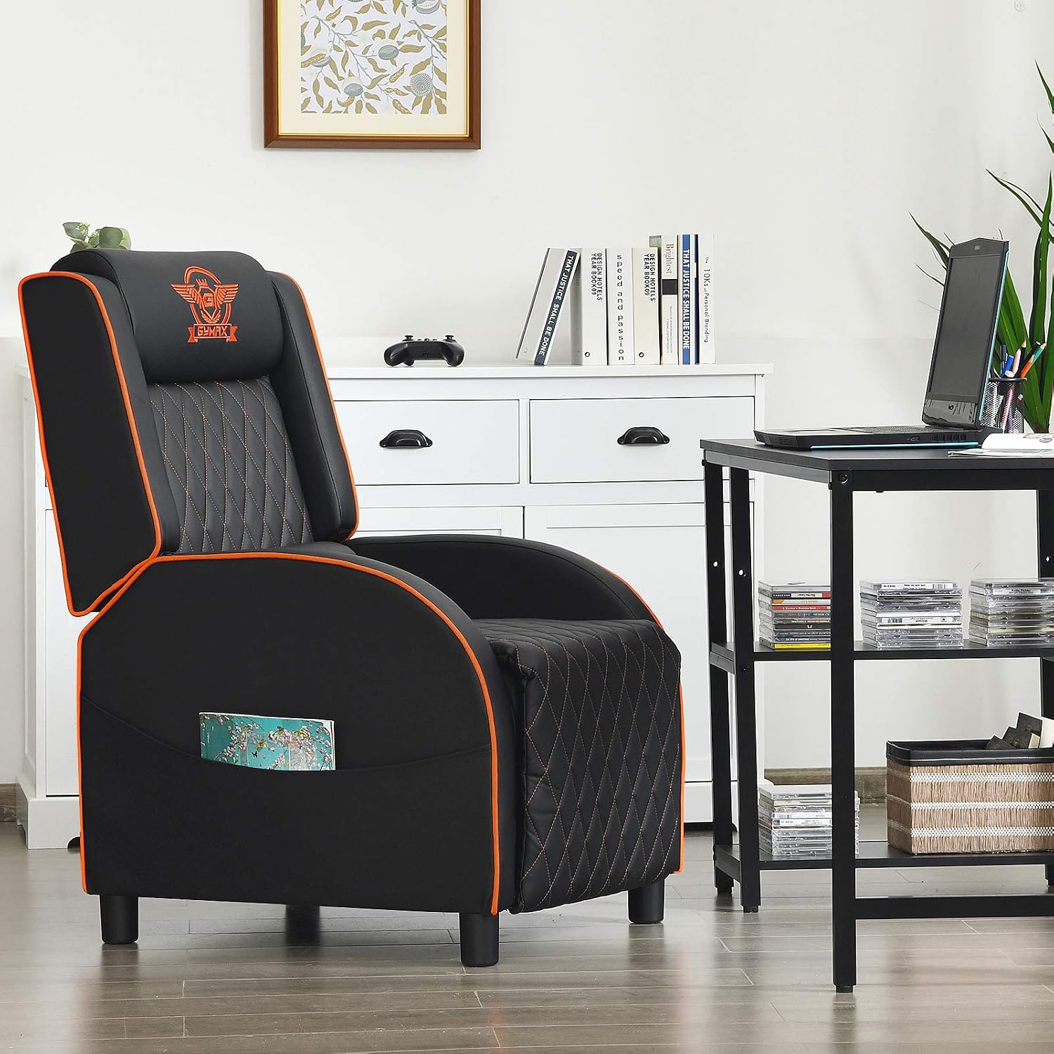 GYMAX Massage Gaming Recliner Chair, Ergonomic Racing Style Single Sofa with Adjustable Headrest, Backrest & Footrest, Home Theater Sofa for Living Room Office (Orange)
