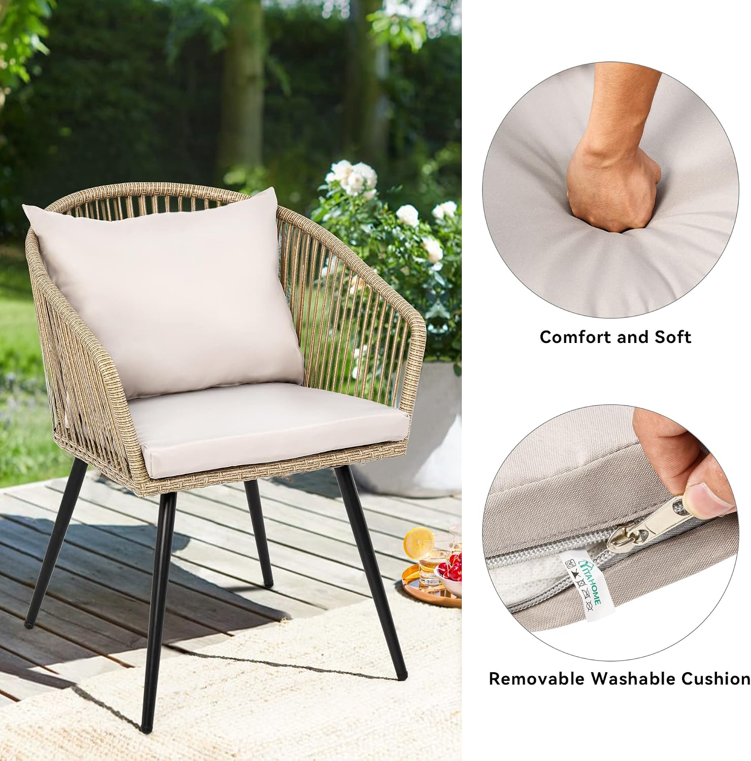 YITAHOME 3-Piece Wicker Small Patio Balcony Chair Set, Outdoor Rattan Conversation Apartment Chairs for Backyard, Balcony and Apartment with Soft Cushions, Glass Side Table Gray