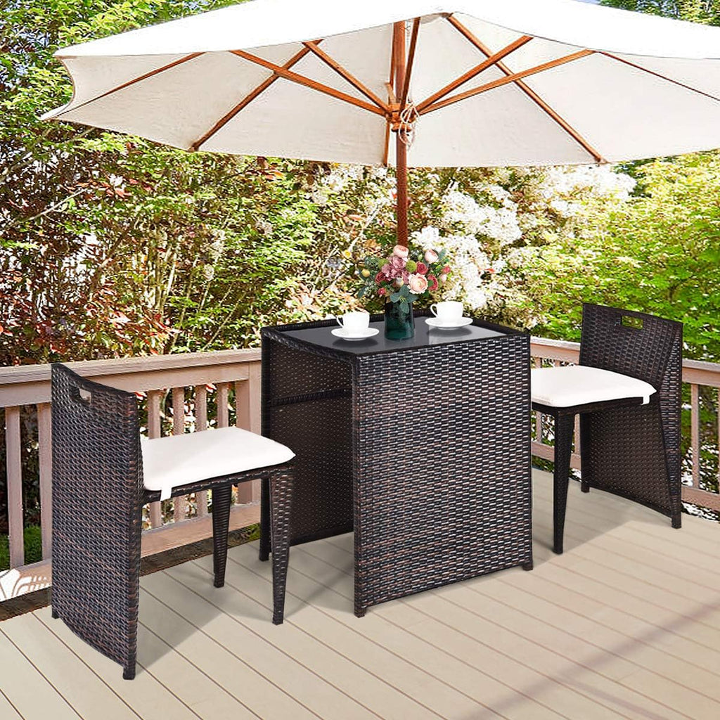 Giantex 3 PCS Cushioned Outdoor Wicker Patio Set Convention Bistro Set with Patio Sofa Chairs Garden Lawn Space Saving Conversation Furniture No Assembly (Light Brown)