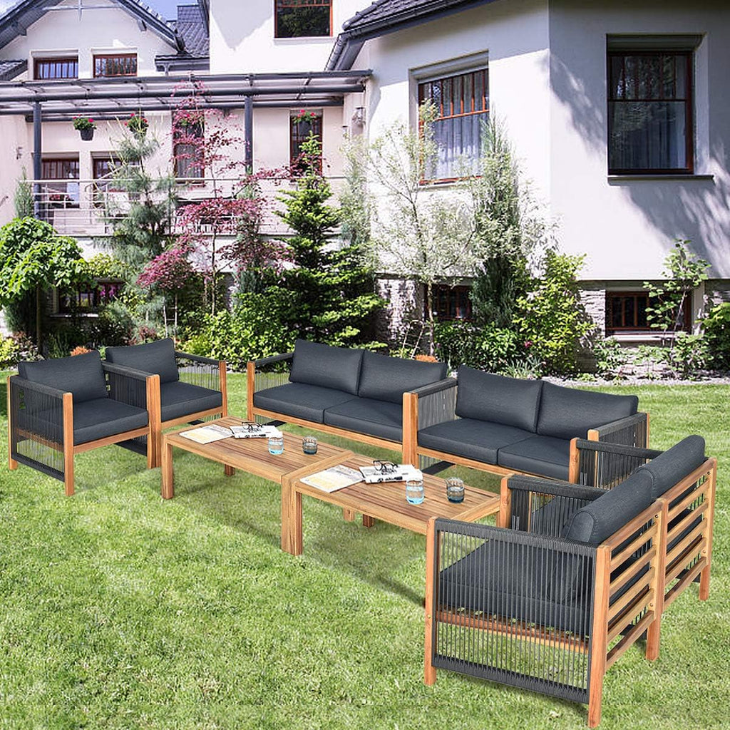 Tangkula Outdoor Wood Furniture Set, Acacia Wood Frame 2 Loveseat Sofa, 4 Single Chairs and 2 Coffee Table, 8 Pieces Conversation Set with Cushions, Garden Balcony Poolside Outdoor Living Set(2, Grey)