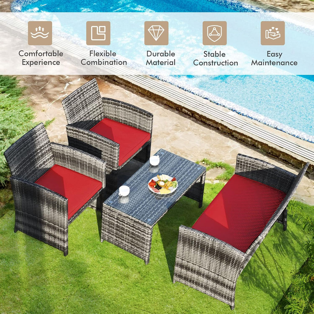Giantex 4 Pc Patio Conversation Set, Rattan Loveseat & Patio Chairs with Cushioned Seat, Wicker Coffee Table, Outdoor Furniture Set for Front Porch Poolside Garden Lawn