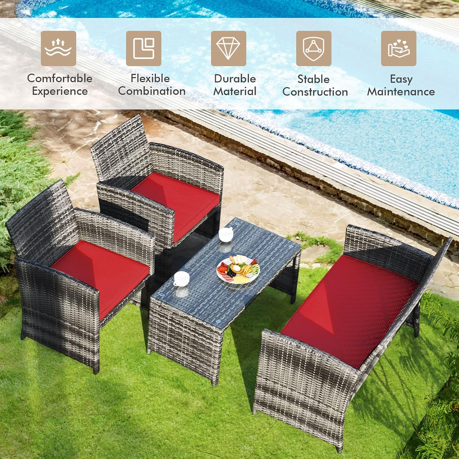 Goplus 4-Piece Rattan Patio Furniture Set, Outdoor Wicker Conversation Sofa with Weather Resistant Cushions and Tempered Glass Tabletop for Lawn Backyard Pool Garden (Red)