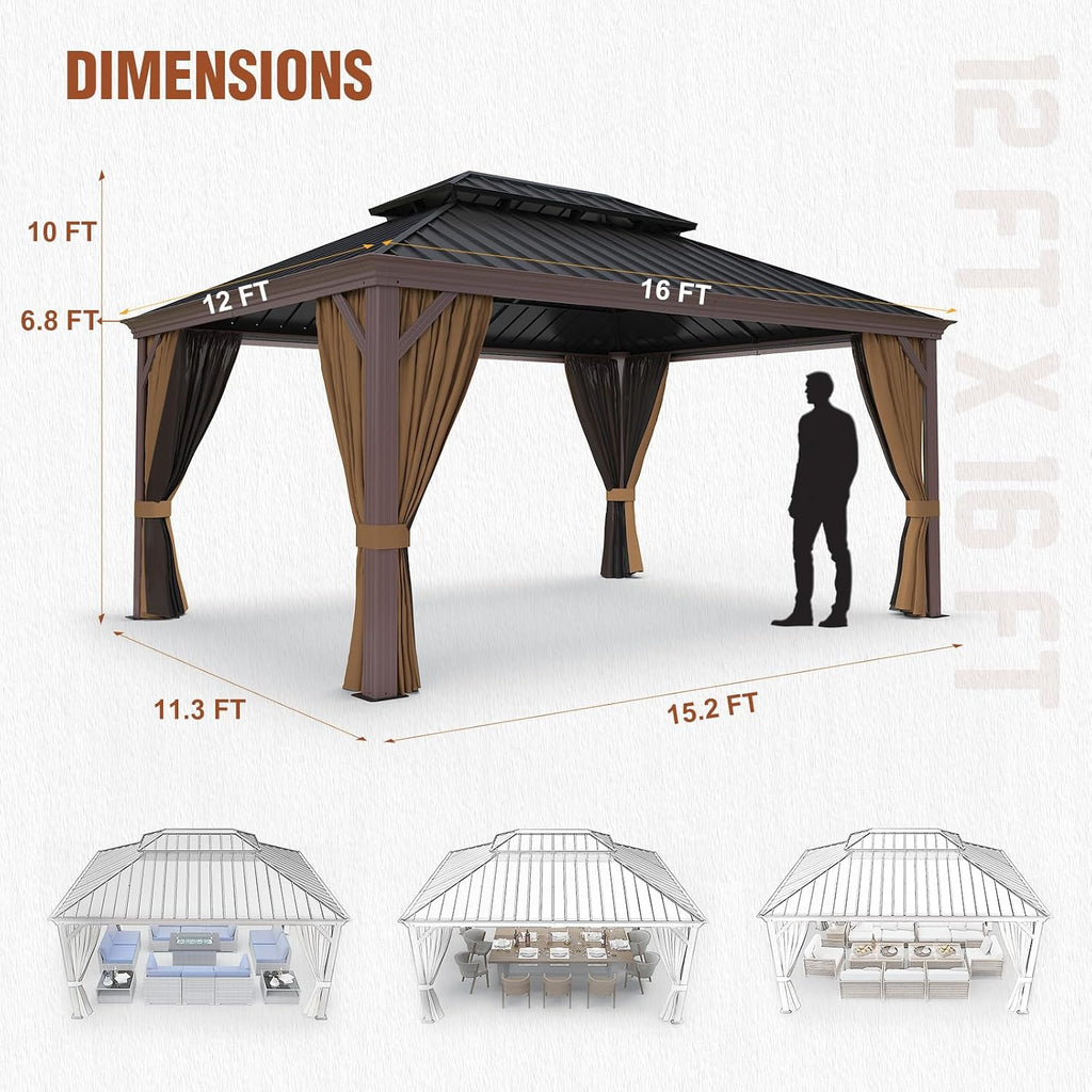 EAGLE PEAK 12x16 Hardtop Gazebo, Galvanized Steel Double Roof with Aluminum Frame, Outdoor Pavilion with Netting and Curtains for Patio, Deck, Lawn and Garden, Brown/Black