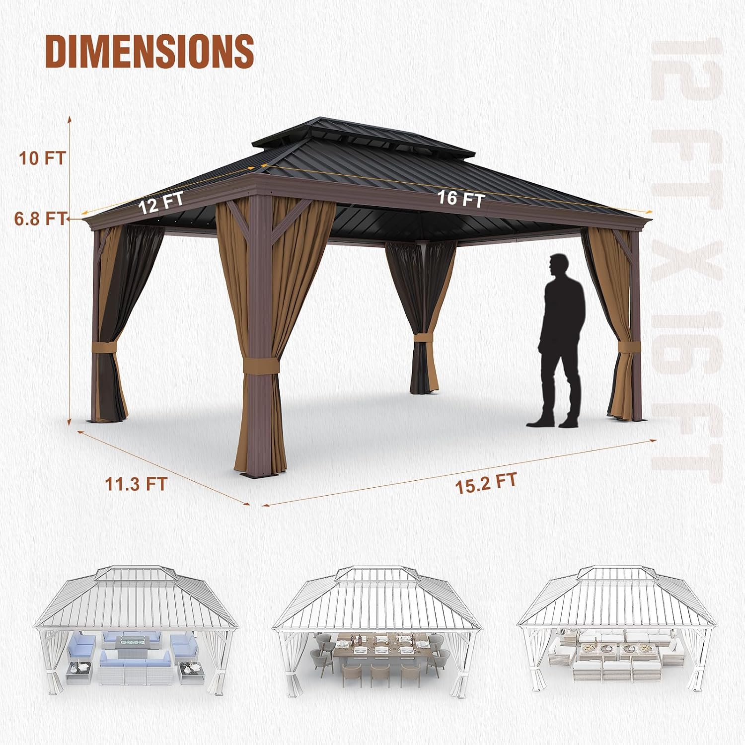 EAGLE PEAK 12x16 Hardtop Gazebo, Galvanized Steel Double Roof with Aluminum Frame, Outdoor Pavilion with Netting and Curtains for Patio, Deck, Lawn and Garden, Brown/Black