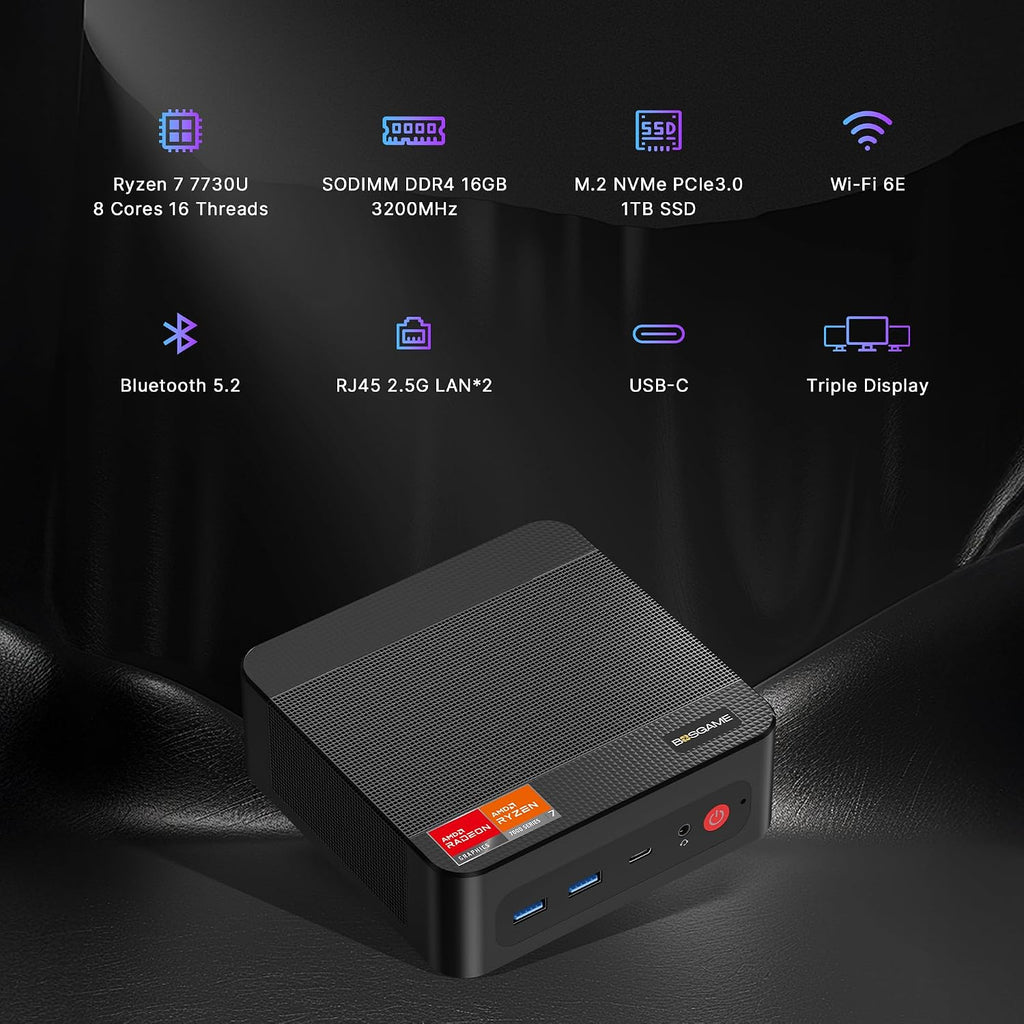 BOSGAME P4 Ultra Mini PC, AMD Ryzen 7 7730U (up to 4.5GHz), 16GB DDR4, 1TB PCIe SSD Mini Desktop Computer, Dual LAN 2.5G & Wi-Fi 6E & BT5.2, 4K Triple Display, for Home, Office, Gaming