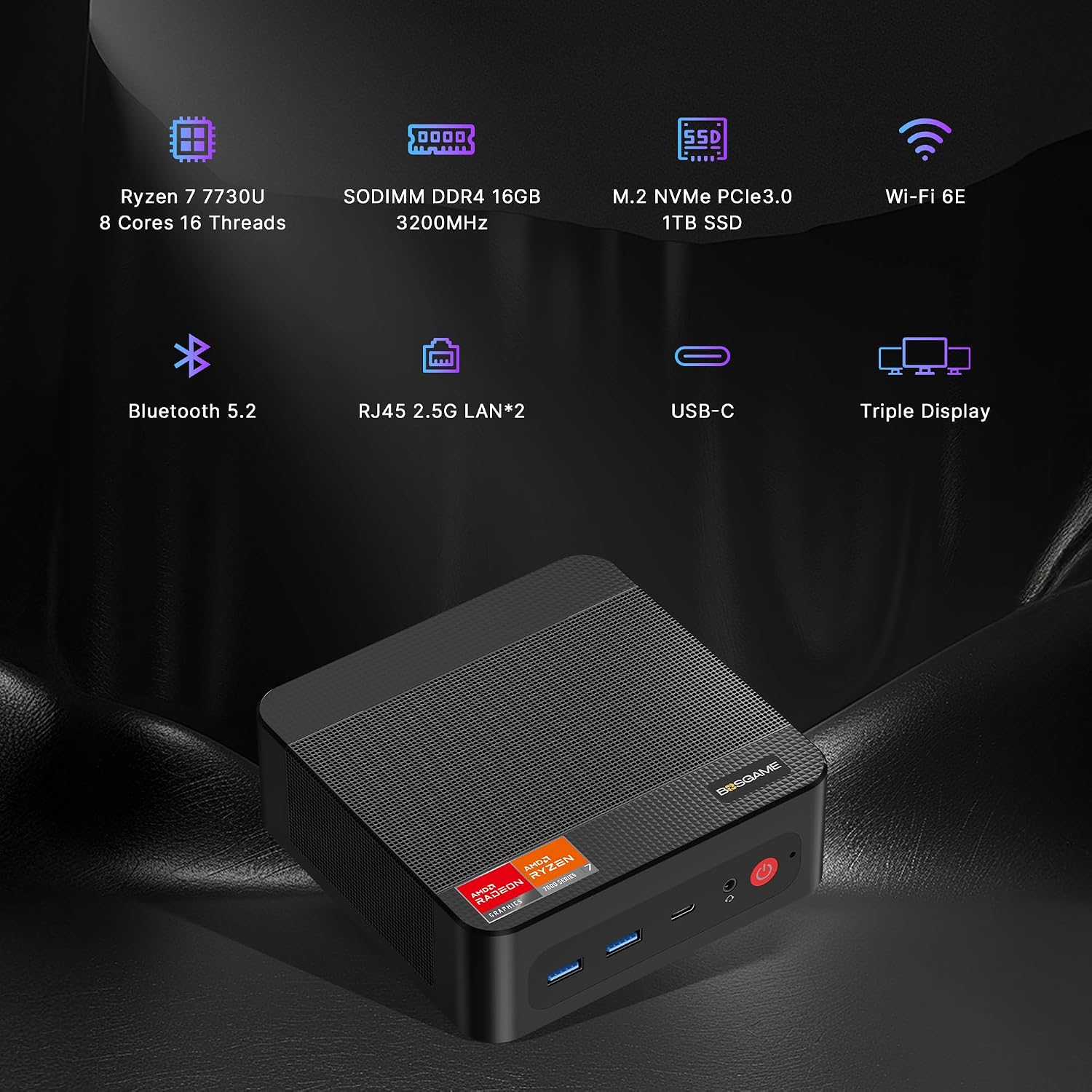 BOSGAME P4 Ultra Linux Mini PC, AMD Ryzen 7 7730U 16GB DDR4, 1TB PCIe SSD, Dual LAN 2.5G & Wi-Fi 6E & BT5.2, 4K Triple Display, Ubuntu Desktop Computers for Office