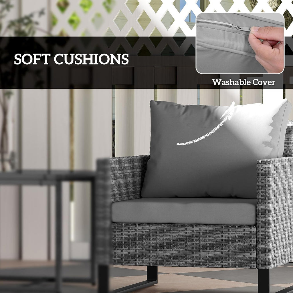 Outsunny 3 Pieces Patio Furniture Set, Wicker Conversation Bistro Set with 4 Soft Cushions, Rattan Chairs and Glass Coffee Table for Backyard, Porch, Poolside, Balcony, Gray