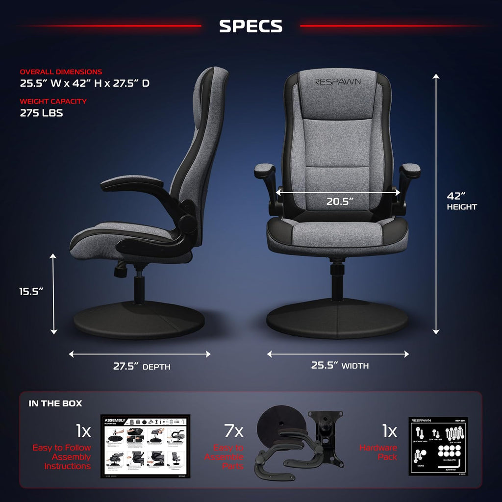 RESPAWN 800 Swivel Rocker Gaming Chair - Ergonomic Floor Gaming Seat with Lumbar Support, Flip Up Armrest, High Back, Pedestal Base, Comfortable No Wheels Console Video Game Rocker Chair - Gray Fabric