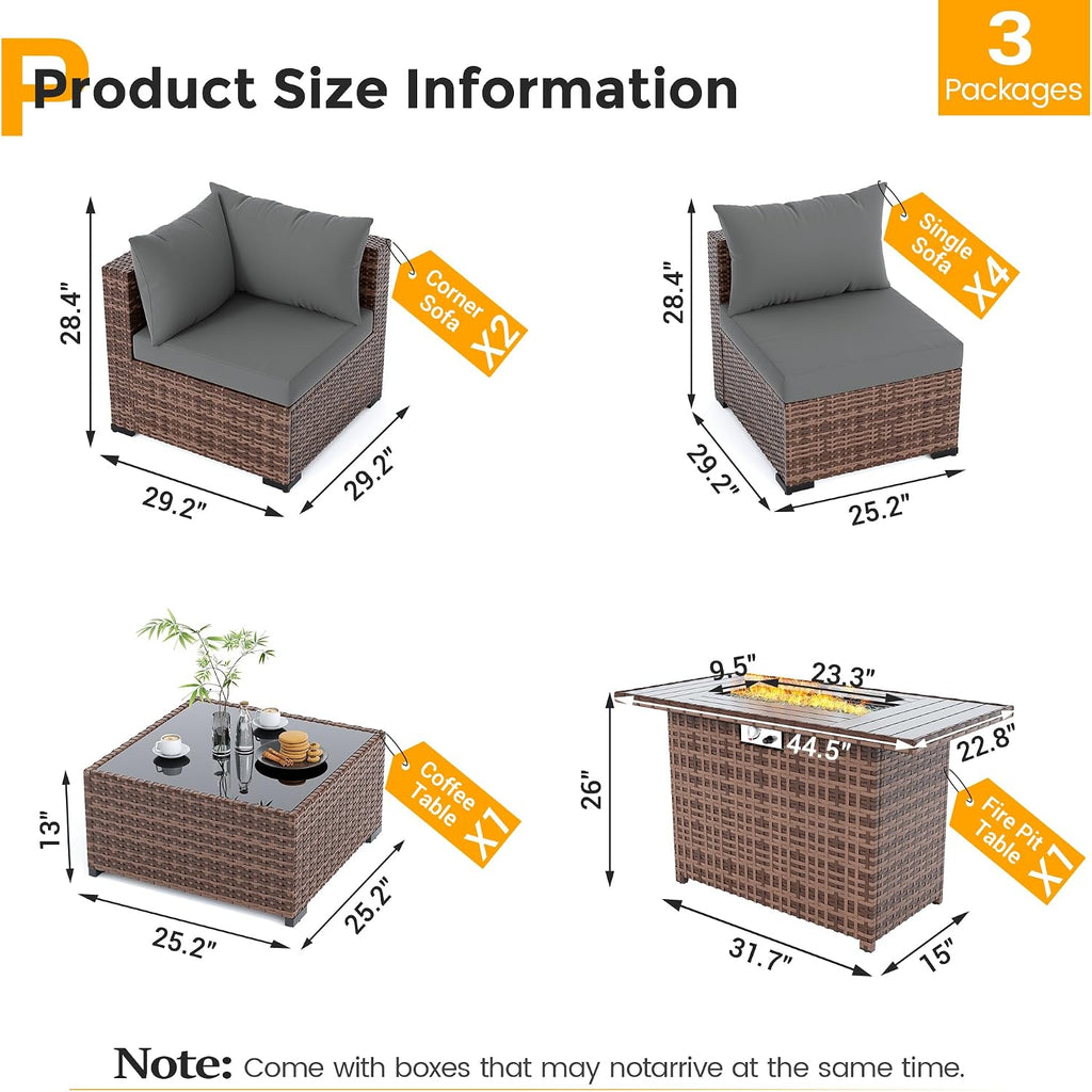 UDPATIO Furniture Set with Fire Pit Table, 8 Piece Sectional Sofas, All-Weather Wicker Conversation for Garden, Backyard, Dark Grey