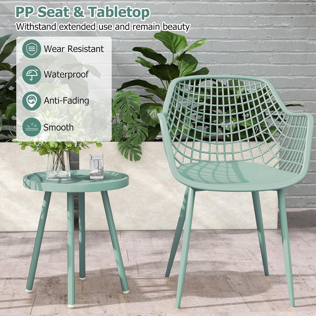 Giantex 3 Piece Patio Furniture Set, Outdoor Bistro Table and Chairs Set of 2, PP Seat & Metal Legs, Small Conversation Set for Balcony Front Porch Deck Backyard Lawn (Mint Green)