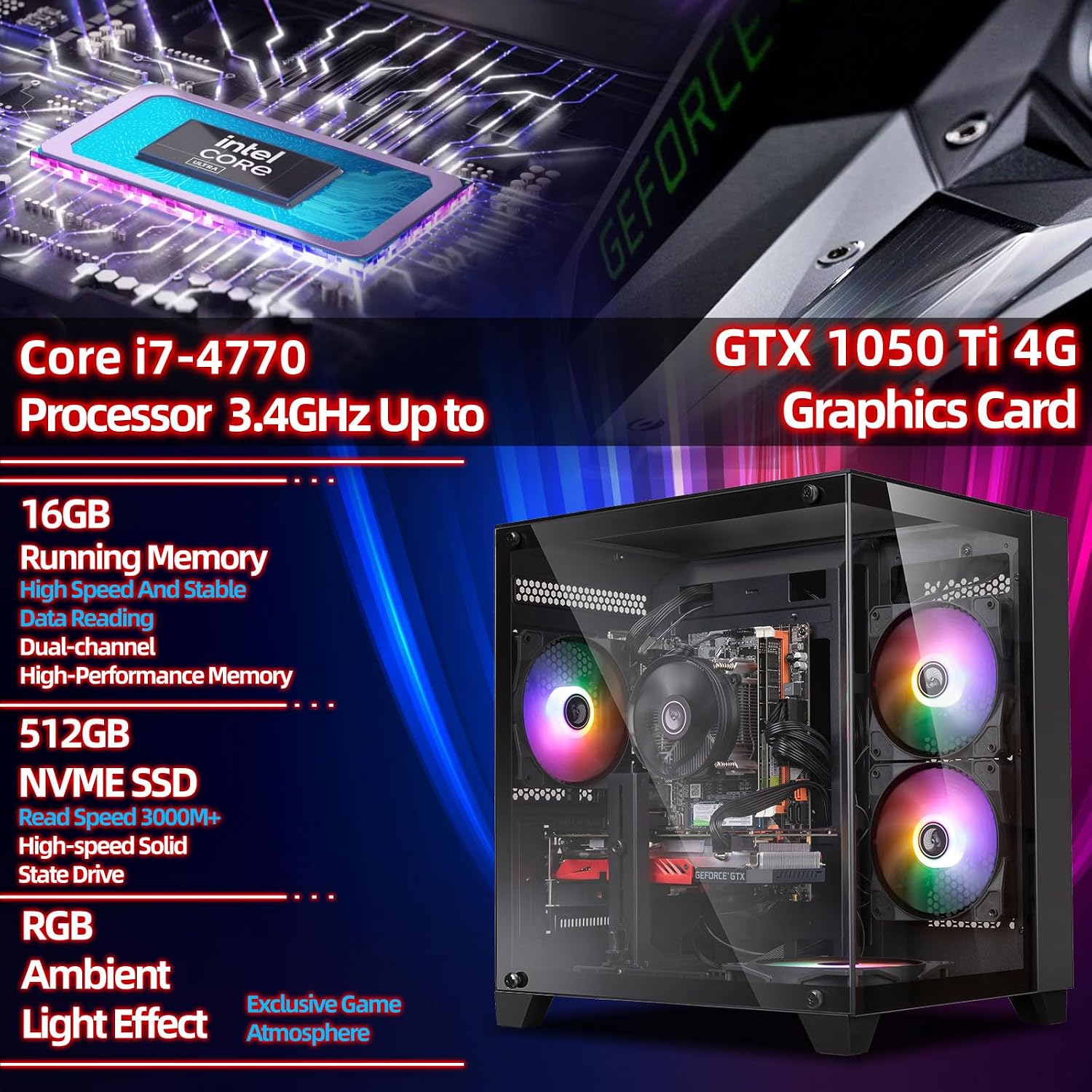 Gaming PC Desktop Computer, Intel Core i7 4th Gen, GTX 1050 Ti 4G, 16GB DDR3 RAM, 512GB SSD, WiFi 6, 5 RGB Fans, Prebuilt Gaming Tower PC with Windows 11 Home - Ready to Play