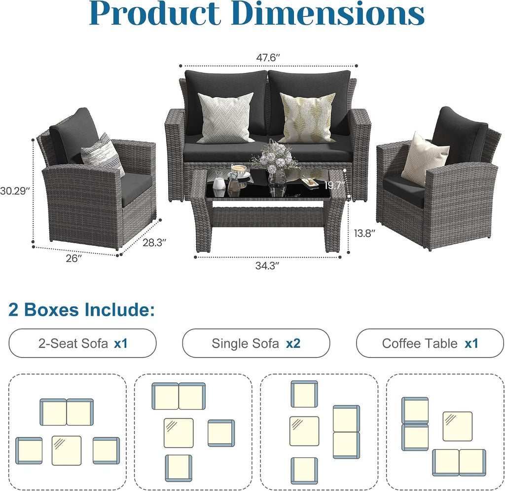 Solaste 4 Piece Outdoor Patio Furniture Set, Outdoor Sectional Sofa with Tempered Glass Coffee Table and Cushions, Wicker Rattan Patio Set for Backyard, Front Porch, Balcony, Black