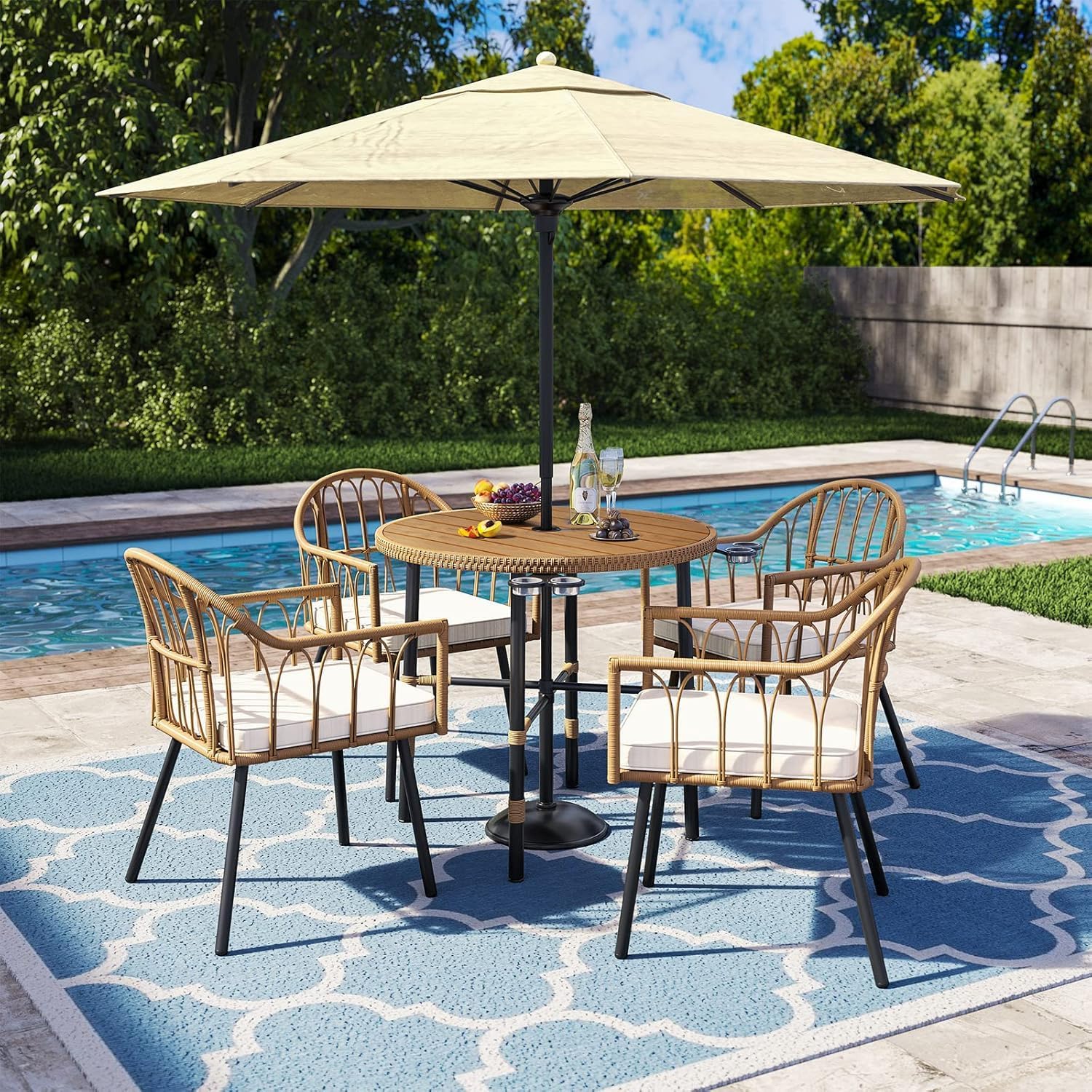 YITAHOME 4 Pieces Rattan Wicker Dinning Chairs, Outdoor Indoor Patio Furniture Set with Cushion and Curved Back All Weather Bistro Chair for Garden Backyard Porch Poolside Restaurant (Beige)