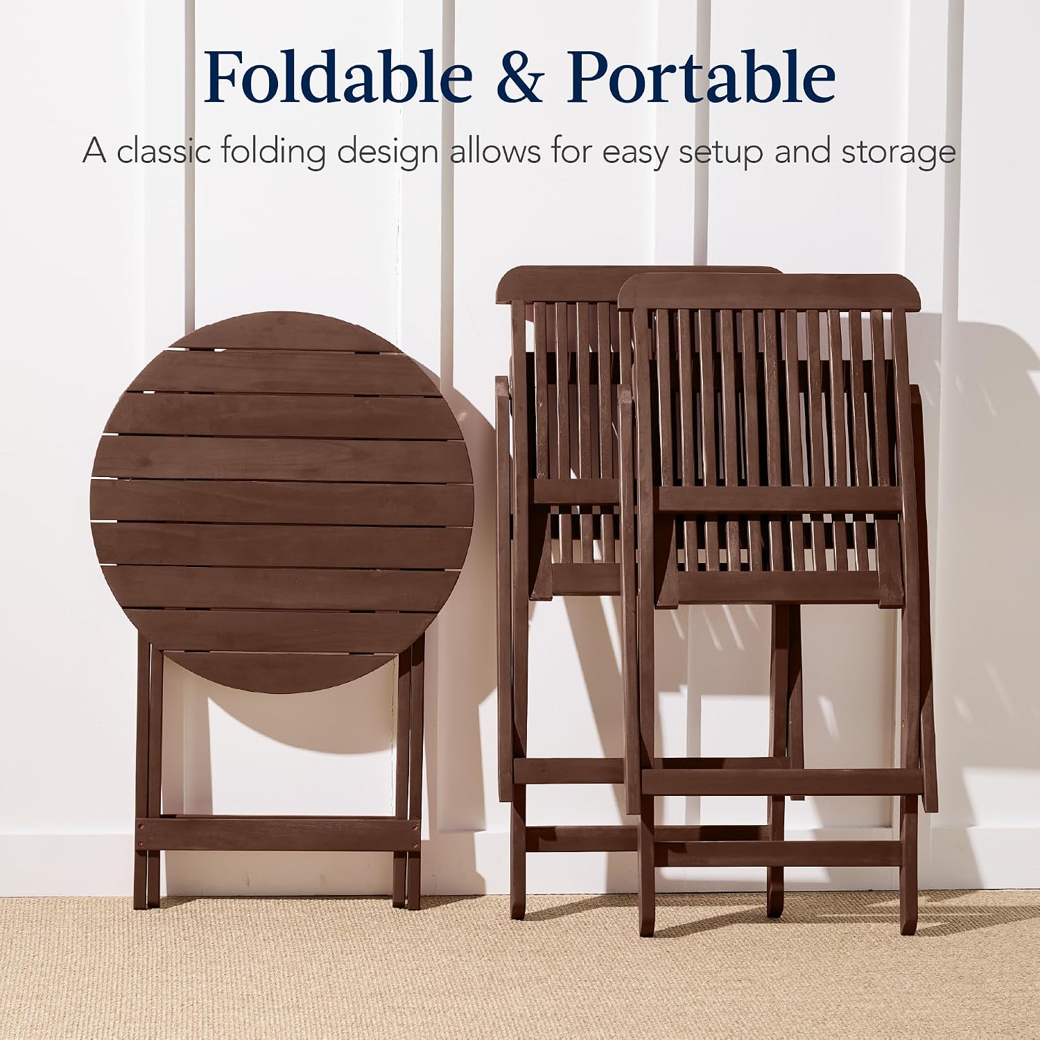Best Choice Products 3-Piece Acacia Wood Bistro Set, Folding Patio Furniture for Backyard, Balcony, Deck w/ 2 Chairs, Round Coffee Table, Teak Finish - Brown