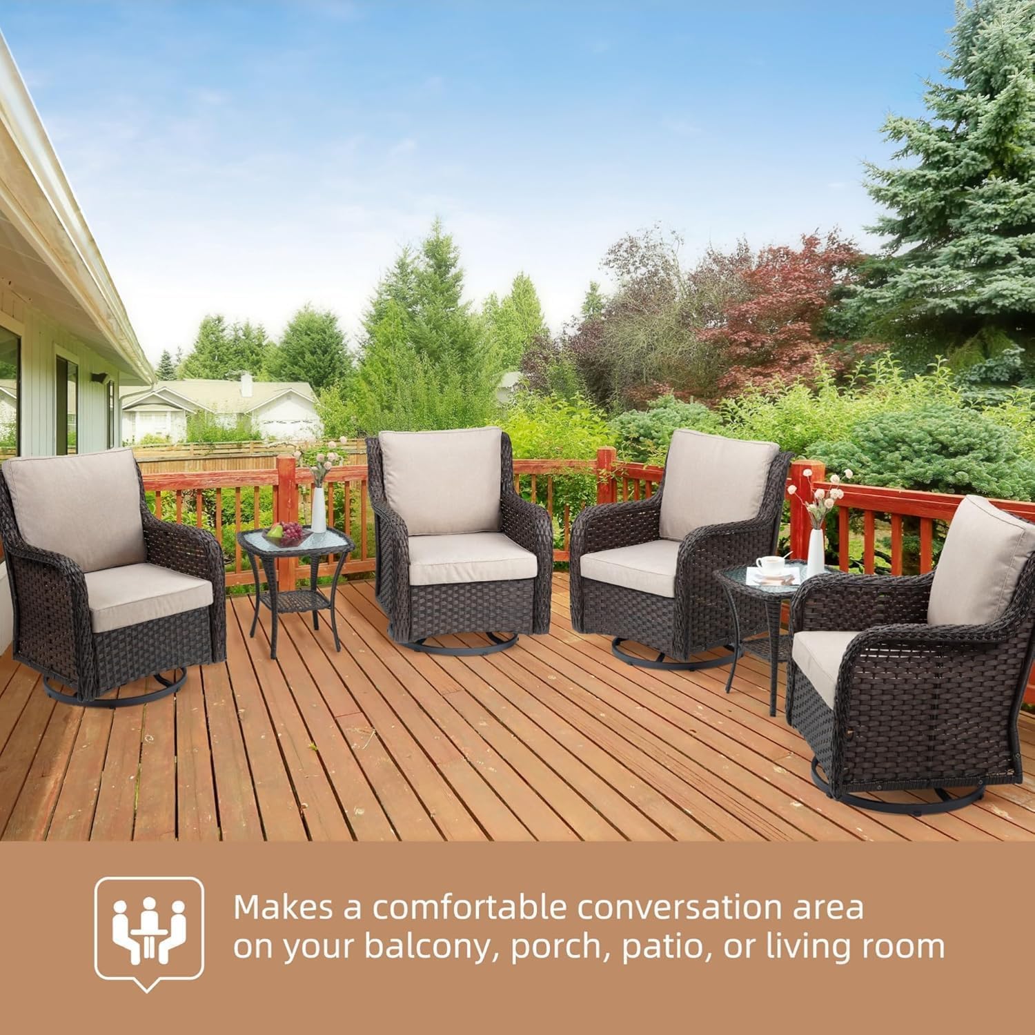 GarveeHome 3-Piece Outdoor Wicker Rattan Swivel Rocking Chair Set with Armored Glass Side Table & Premium Cushions - 360° Swivel Patio Furniture for Backyard, Porch, Deck, Balcony, Garden, Brown