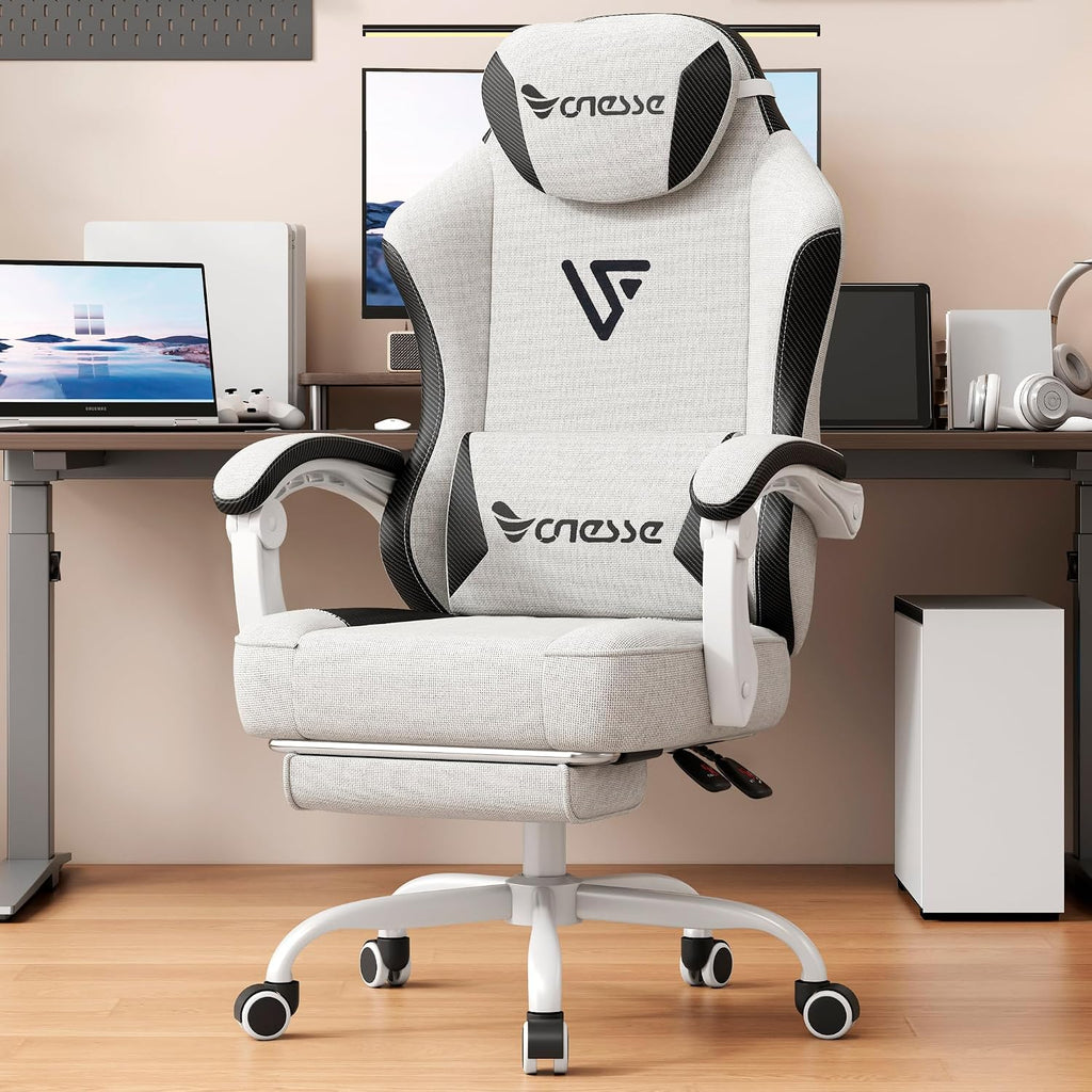 Vonesse Office Chair, Gaming Chair with Linen Breathable Mesh Fabric, Desk Chair with Adjustable Lumbar Support, Executive Computer Chairs with Footrest and Headrest (Beige White)