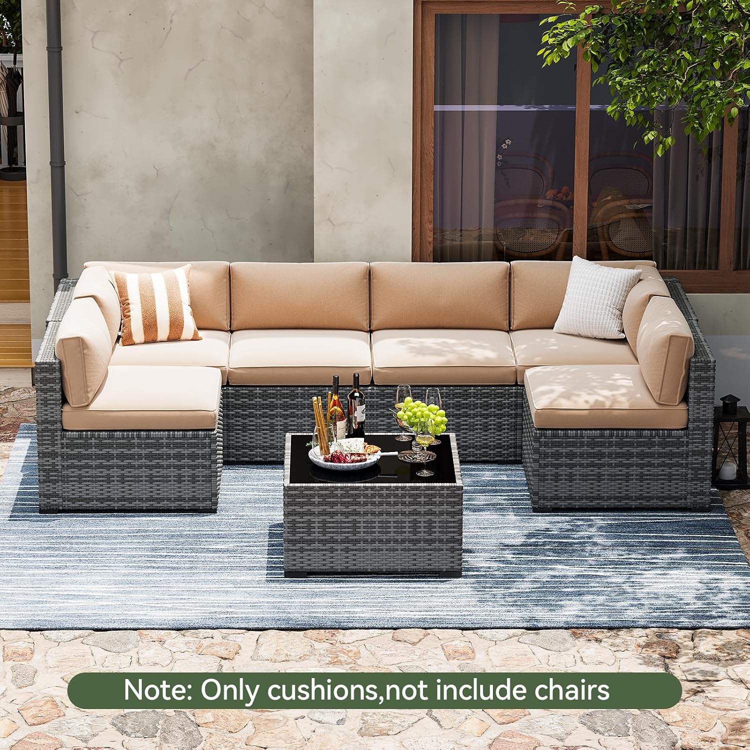 Aoxun Replacement Cushions for Outdoor Furniture, 14-Piece Outdoor Cushions for Patio Furniture, Deep Seat, Splash-Proof & Fade Resistant Couch Cushion for 6-Seat Patio Conversation Sets, Beige