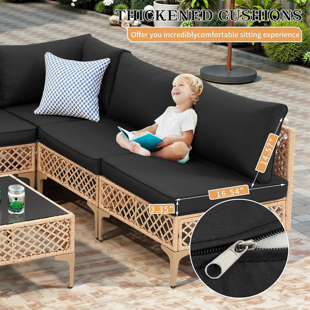 FHFO 7 Piece Patio Furniture Set, Outdoor Wicker Modular Sectional Patio Conversation Set with Thicker Cushion & Tempered Glass Coffee Table for Backyard, Poolside, Porch (Yellow/Black)