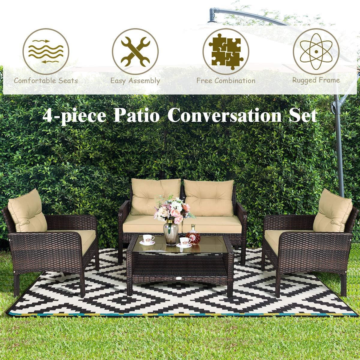 COSTWAY 4-Piece Patio Furniture Set, Sectional Wicker Rattan Sofa Chair with Cushion, Loveseat, Coffee Table with Tempered Glass and Shelf, Outdoor Conversation Sets for Poolside Porch (Brown)