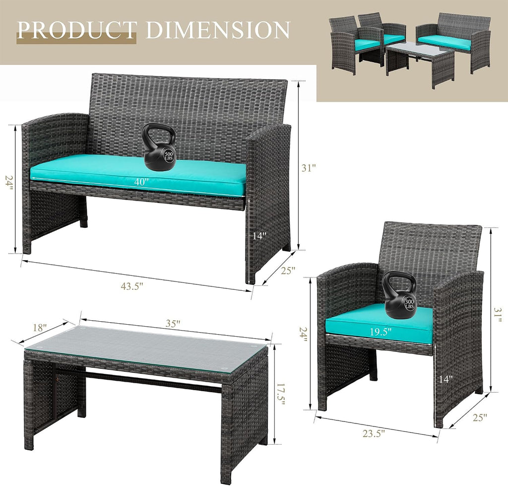 JAMFLY 4 Piece Outdoor Patio Furniture Set, Outdoor Wicker Rattan Chairs Conversation Sets with Cushions & Coffee Table for Outside, Garden, Balcony, Porch, Blue
