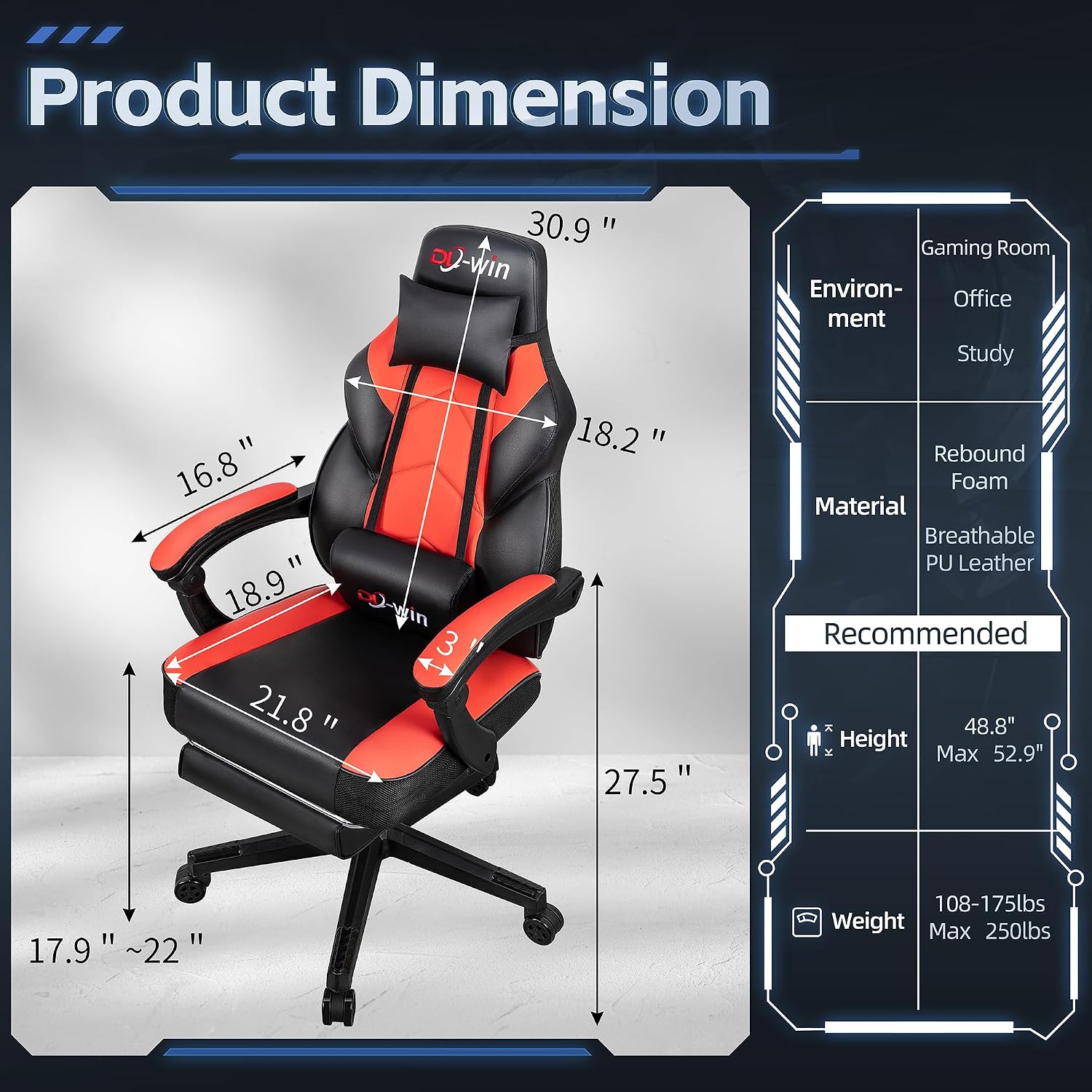 Gaming Chair, Office Chair with Footrest and Lumbar Support, Height Adjustable Game Chair with 360°-Swivel Seat and Headrest and for Office or Gaming (Deep Red)