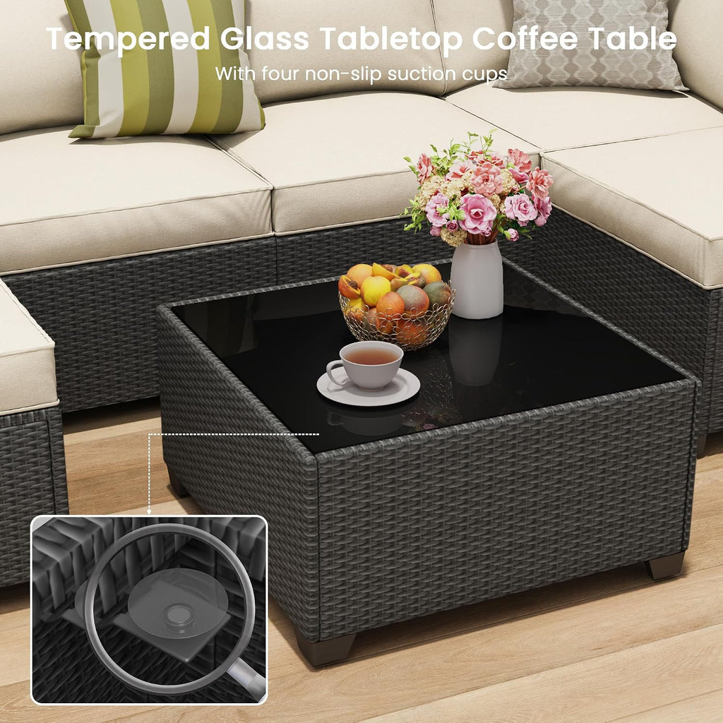 Outdoor Patio Furniture Set with 28'' Fire Pit Table, 8 Pcs Outdoor Patio Furniture Conversation Sets with 4in Thicken Cushion, Wicker Outdoor Sectional for Backyard, Garden, Balcony,Deck,Coffee/Beige