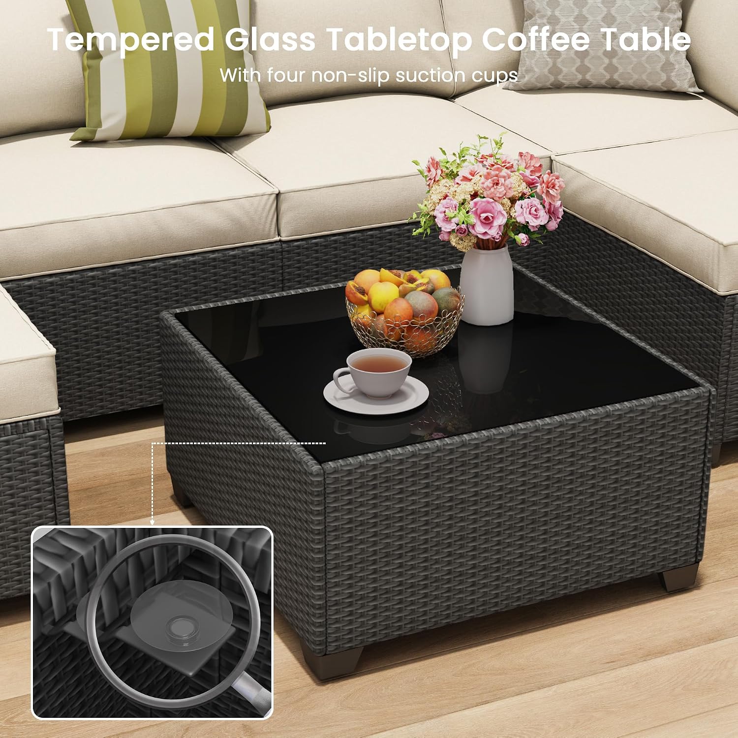 Outdoor Patio Furniture Set with 28'' Fire Pit Table, 8 Pcs Outdoor Patio Furniture Conversation Sets with 4in Thicken Cushion, Wicker Outdoor Sectional for Backyard, Garden, Balcony,Deck,Coffee/Beige