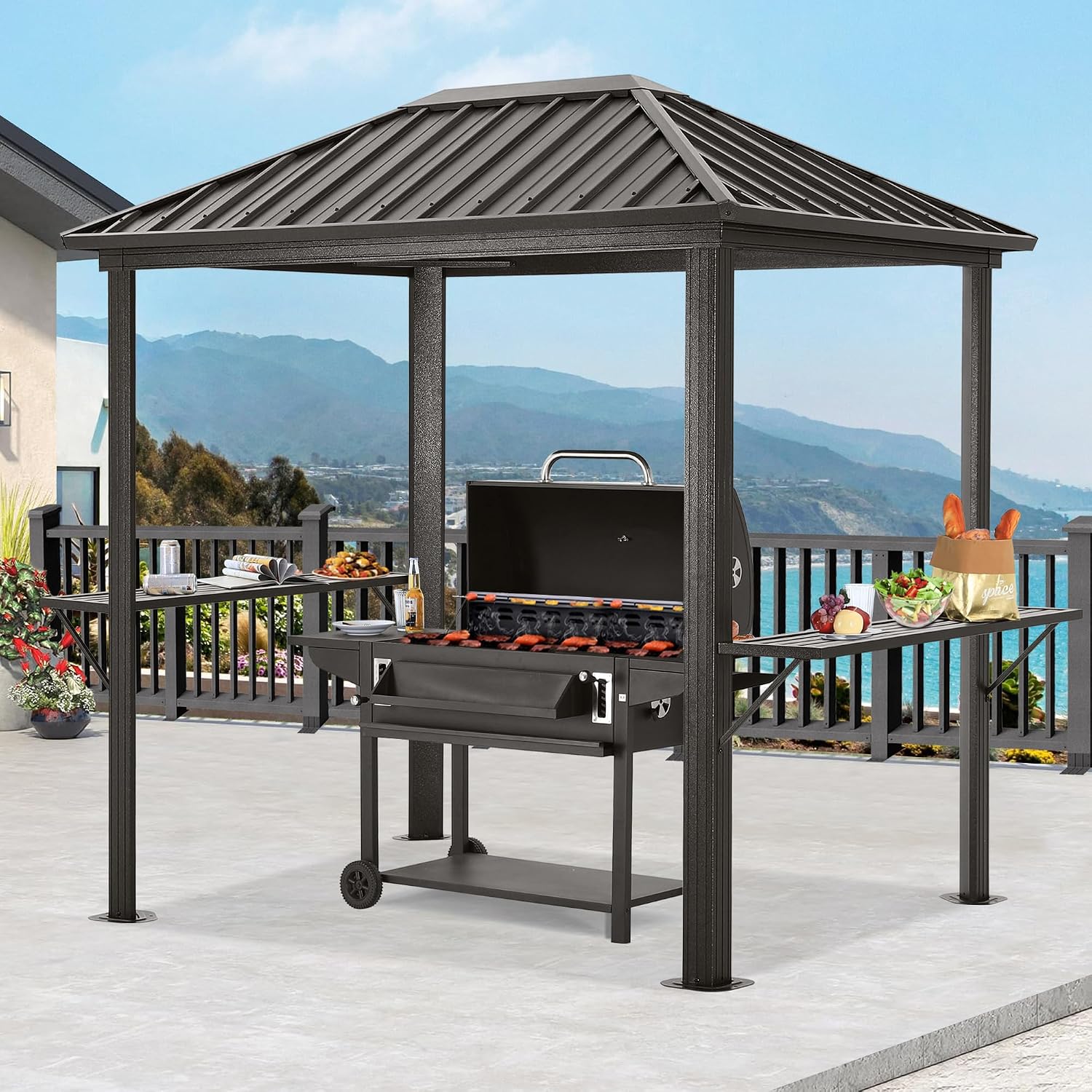 ABCCANOPY 6x8 Grill Hardtop Gazebo - Outdoor Permanent Barbecue Gazebo with Galvanized Steel Roof, Aluminum BBQ Canopy with Shelves for Patio, Lawn, Garden (Single Roof, Gray)