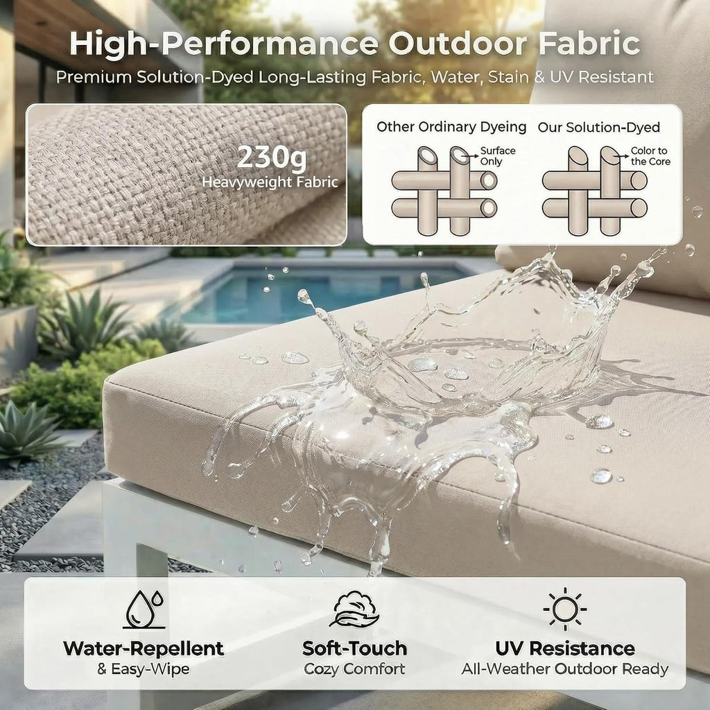 RADIATA 6 Seat Large Luxury Aluminum Patio Conversation Set with Fire Pit Table & Side Table, 29 inch Wide Deep Seated, U Shaped Sectional Couch, 500 lbs Heavy Duty Outdoor Sofa for Backyard, Beige